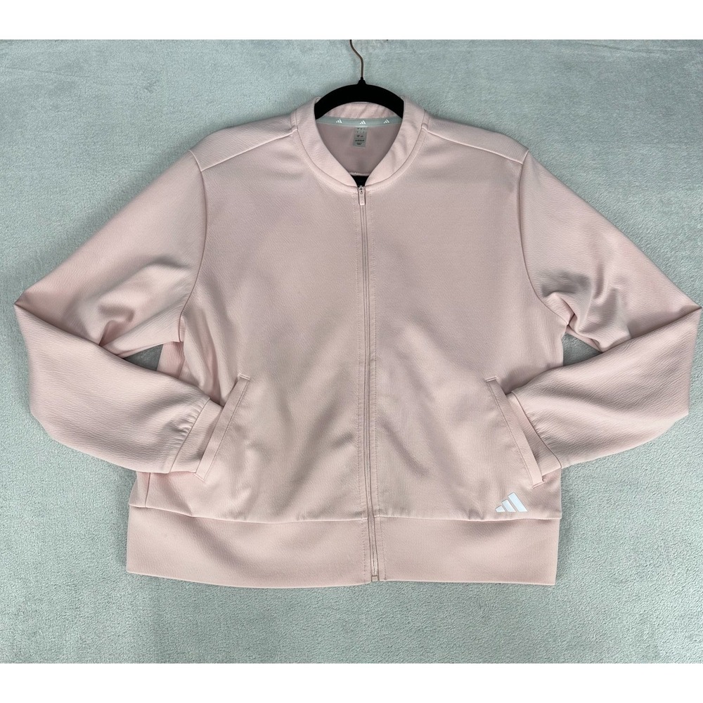 Adidas Textured Golf Bomber Jacket Womens L Pink Lightweight Full Zip Activewear